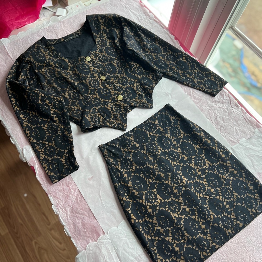 VTG 90s MINT Jonathan Miller London navy caramel suit leopard S/M matching set - Picture 6 of 16